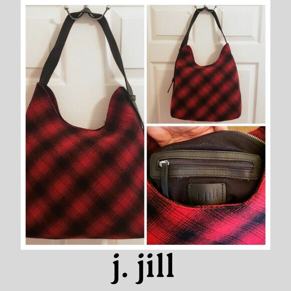 J. Jill Handbags - j. jill Hobo Bag Red & Black Buffalo Plaid Wool Blend Leather Strap